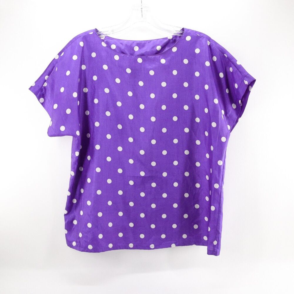 Vtg Judy Bond Top Women L Purple White Polka Dot Blouse Pullover Short Sleeve